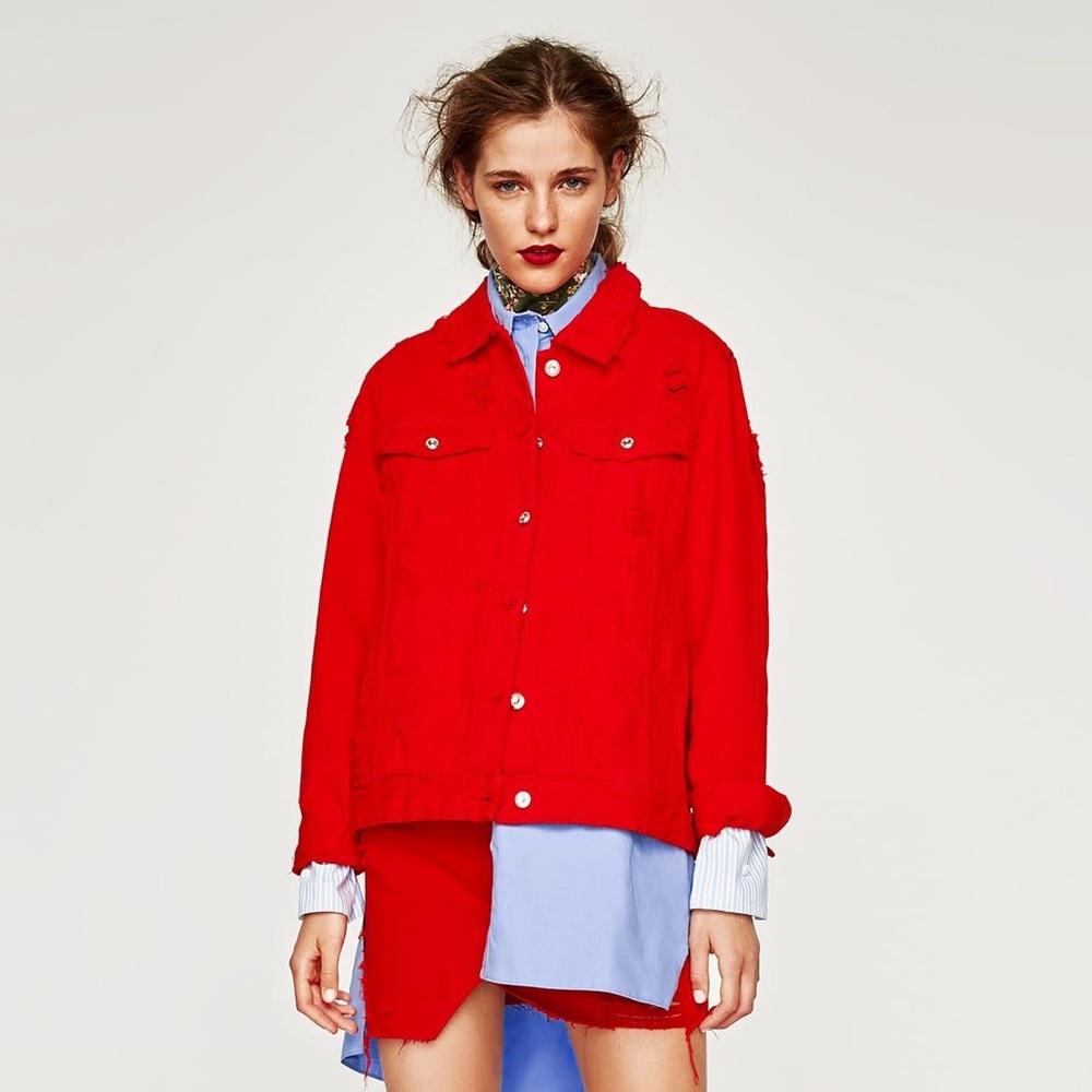 Zara red distressed denim jacket sz M NWT
